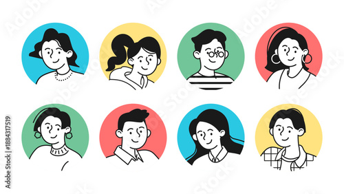 Friendly smiling people avatar icon set in clean round line art style, diverse young faces for modern social media profiles, web services and digital communication