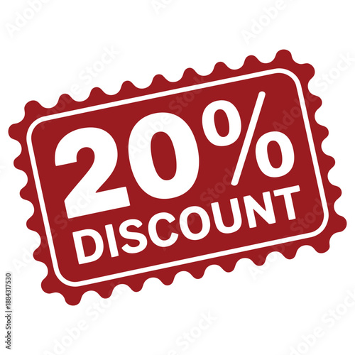 A red 20% discount stamp is shown on a white background.