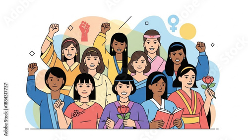 Diverse group of women celebrating empowerment and unity with fists raised and flowers