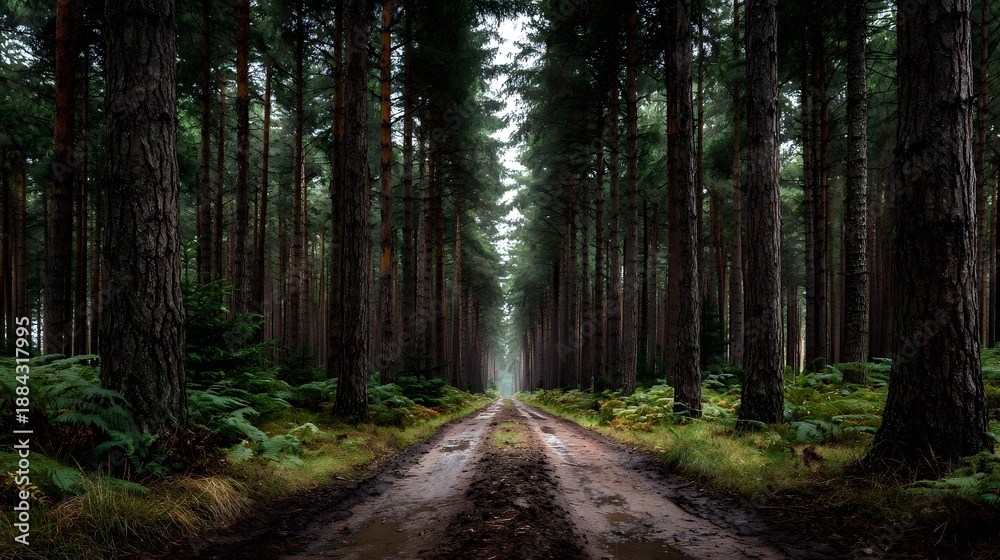 Fototapeta premium Symmetrical view down a straight dirt road cutting through a dense pine forest with tall trees lining the path under moody overcast lighting.