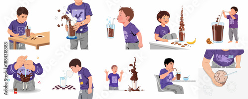Storyboard vector illustration set featuring a young boy enjoying, mixing, and creating spills with chocolate drinks and milk.