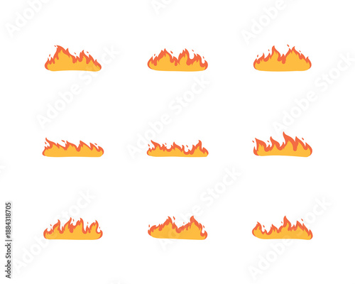 Set of cartoon fire flames. Fire flame, Cartoon campfire, Fire flames, bright fireball, heat wildfire, red hot bonfire isolated on white background.