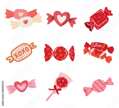 Valentine sweet candy collection. Vector pink wrapped lollipops and chocolate bonbons for romantic holiday treat design