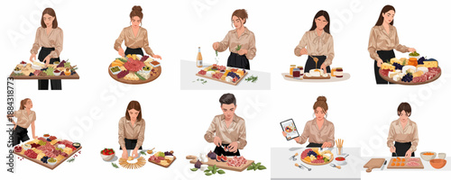 Elegant women preparing and styling gourmet charcuterie boards, featuring various meats, cheeses, fruits, and snacks illustration set.