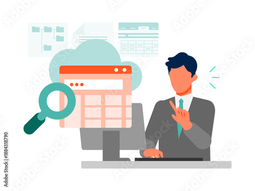 CRM workflow illustration showing customer management and sales progress with dashboard overview, data organization, task tracking and process efficiency
