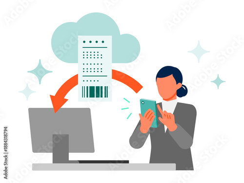 Automated expense reimbursement illustration showing efficient accounting workflow with receipt management, approval process, mobile expense tracking and cost control