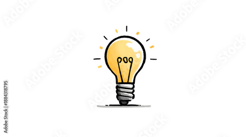 Light Bulb Idea in Simple Flat Design with Bright Yellow Lighting on White Background for Creative