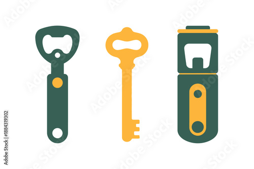 Green and Yellow Bottle Openers and Key Icon Set