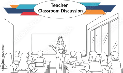 Black outline vector of teacher leading classroom discussion 
