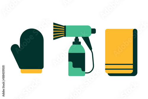 Cleaning tools and supplies icons set, including glove, sprayer, and towel for household chores