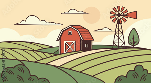 Rural Farm Landscape with Barn and Windmill at Sunset