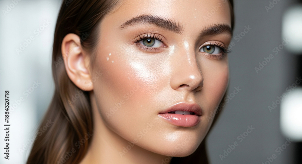 Fototapeta premium Natural Dewy Skin Beauty Portrait with Subtle Pearl Sheen Moist Highlights and Soft Bokeh Healthy Skincare Concept