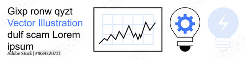 Business strategy, innovation, technology, analytics, progress, energy concepts. Black line graph, gear inside bulb and glowing light bulb. Business strategy and innovation