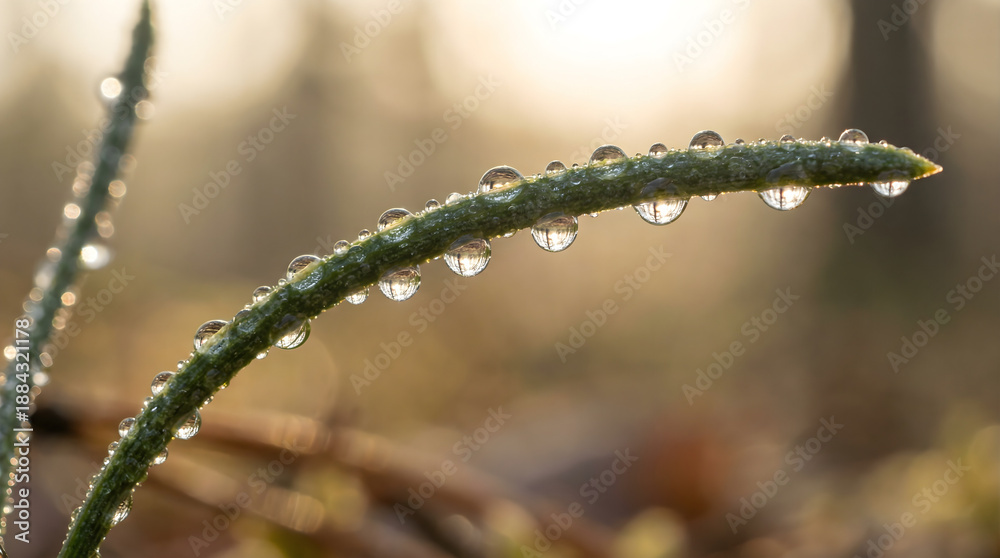 Fototapeta premium Macro of single pine needle with sparkling morning dew beads, soft golden backlight and detailed needle texture