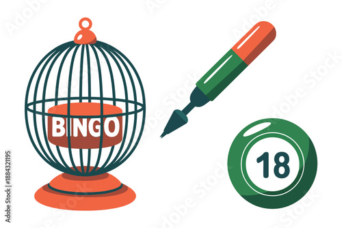 Colorful Bingo Game Illustration with Cage, Marker, and Ball