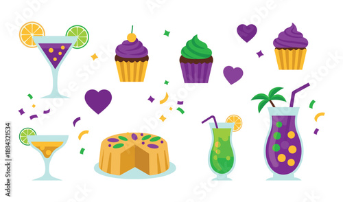 Mardi Gras Feast Colorful Cocktails Cupcakes and King Cake Illustrations Vector Set