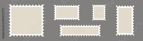 Postage stamp border frame, blank vintage postcard and postal card template with perforated edge, vector illustration