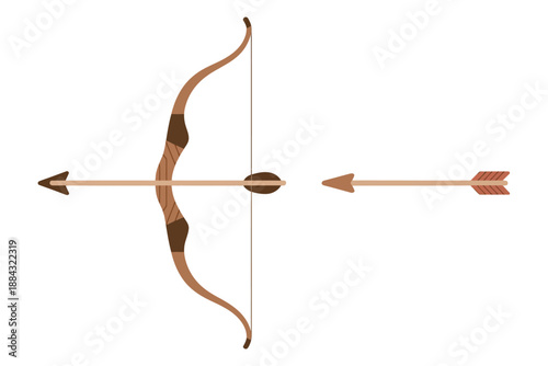 Brown wooden bow and arrow set, isolated on white background, hunting equipment illustration