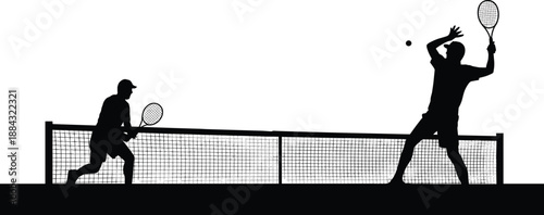 Silhouette of two men playing tennis over net on white background, professional athletes in action, sports competition, isolated vector concept