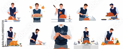 Set of illustrations featuring men carving, basting, and serving traditional roasted turkey or ham for a festive holiday dinner.