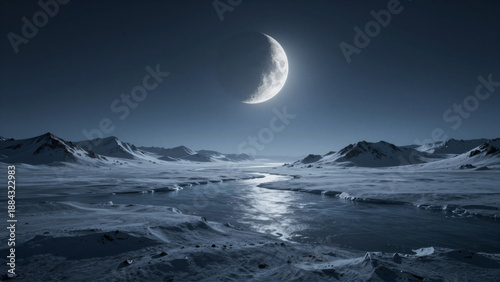 Majestic crescent moon glows over a tranquil frozen river winding through a vast snow-covered landscape, highlighting the serene beauty of a cold winter night