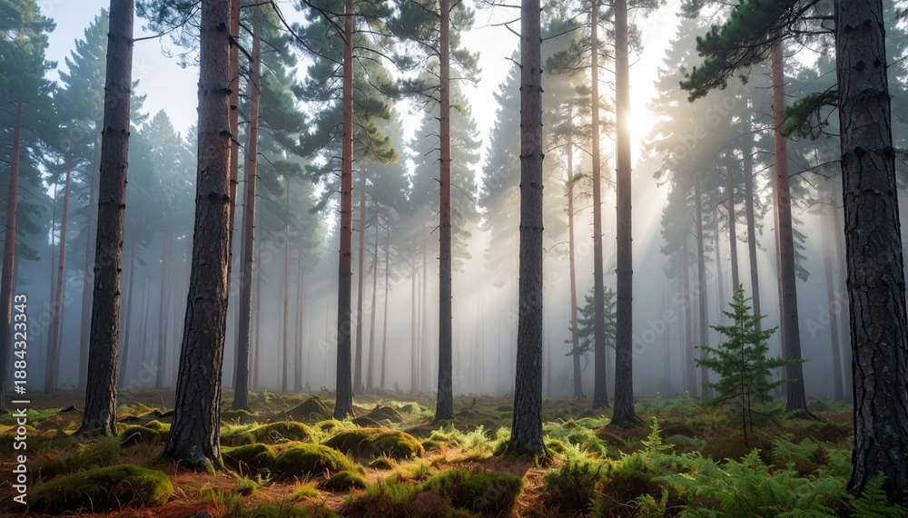 Fototapeta premium Tall trees stand in a serene forest, their trunks surrounded by lush greenery as morning sunlight filters through the misty atmosphere
