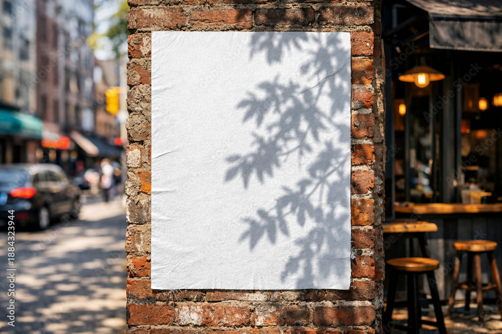 Obraz premium Empty paper flyer template pasted on a rough brick surface outside a trendy coffee shop for advertising design