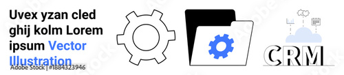 Gear icon, folder with a gear, and CRM text with cloud and charts emphasize workflow, automation, and data management. Ideal for CRM tools, business strategy, workflow, organization automation