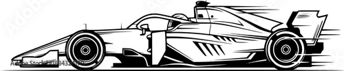 Modern formula race car line art featuring streamlined body and cockpit for fast track motion and professional sport transportation – Black Vector Illustration