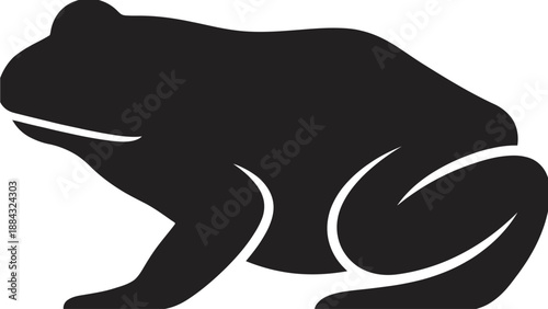 Minimalist flat vector illustration of a bullfrog silhouette in a landscape environment