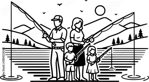 Family fishing silhouette on a boat for outdoor recreation and parent child bonding activity – Black and White Vector Illustration