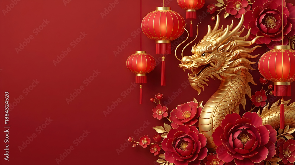 Fototapeta premium Magnificent golden dragon with festive red lanterns and beautiful flowers on a rich red background