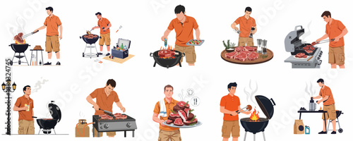 Grilling process illustrations: man cooking steaks, seasoning, using gas and charcoal grills, checking temperature, and preparing the perfect summer barbecue meal.
