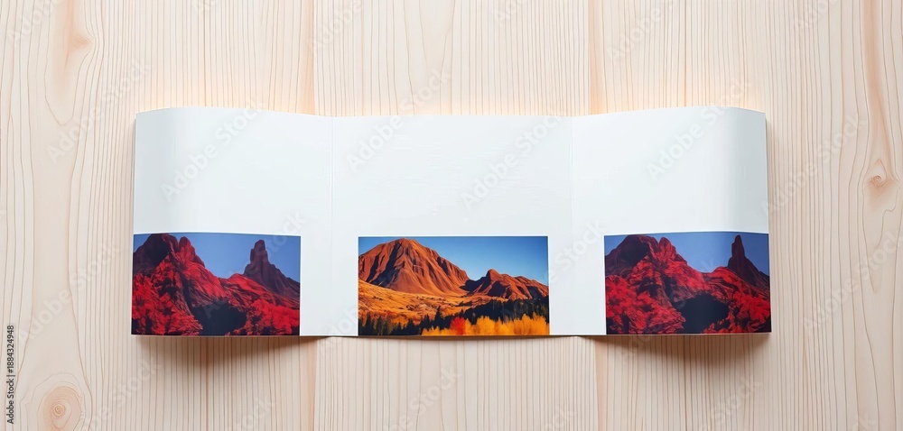 Obraz premium Clean, minimalist trifold brochure mockup on a light wood background, brochure, element