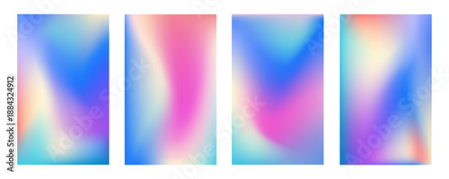 Set of four sunset vertical holographic mesh gradients with a dynamic, high-energy blend of electric blue, neon pink, deep purple, and sunny yellow