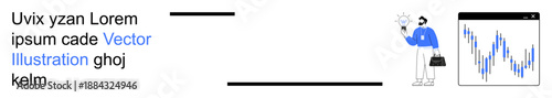 Business strategy, data analysis, innovation, market trends, decision-making, financial planning. Professional holding a light bulb and looking at a data chart. Business strategy and data analysis