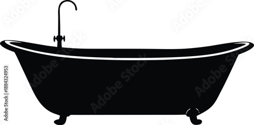 Clawfoot Bathtub Silhouette Isolated Vector Illustration, Traditional Freestanding Bathtub Black Outline Design Element