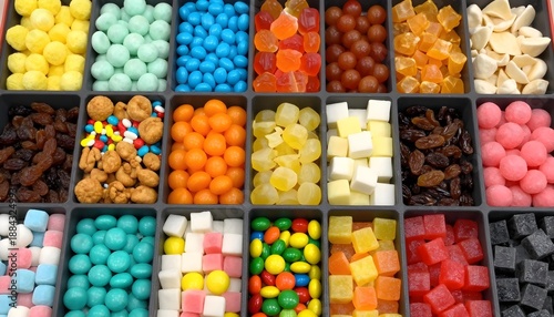 Assortment of colorful candies and dried fruits in a divided tray for a sweet treat selection