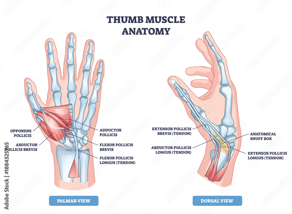 Naklejka premium Thumb muscle anatomy diagram shows palmar and dorsal views, highlighting thumb muscles, tendons, and bones for quick study. Outline diagram