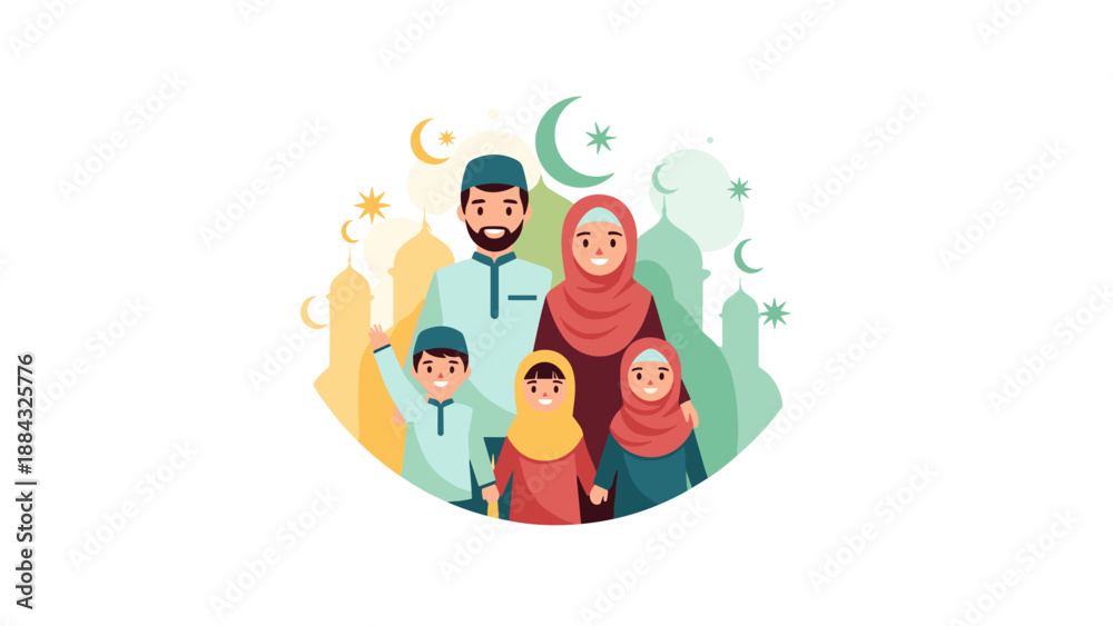 Fototapeta premium Happy Muslim Family with Children and Islamic Symbols in Flat Design