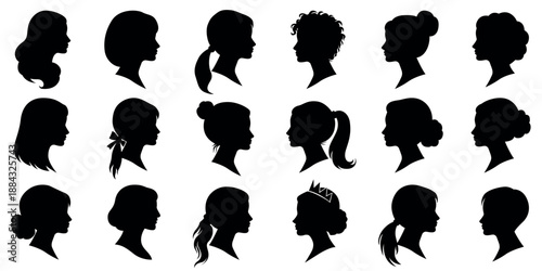 Female head profile silhouette set, women hairstyle side view and beauty salon icons