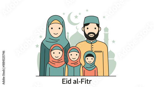 Happy Muslim Family Celebrating Eid al-Fitr with Islamic Symbols Vector