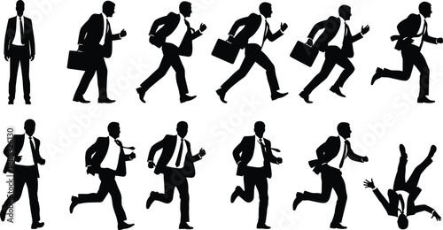Businessman Silhouette Sequence Set Showing a Professional Man Standing Walking Running and Falling Down in Various Action Poses for Career Concepts