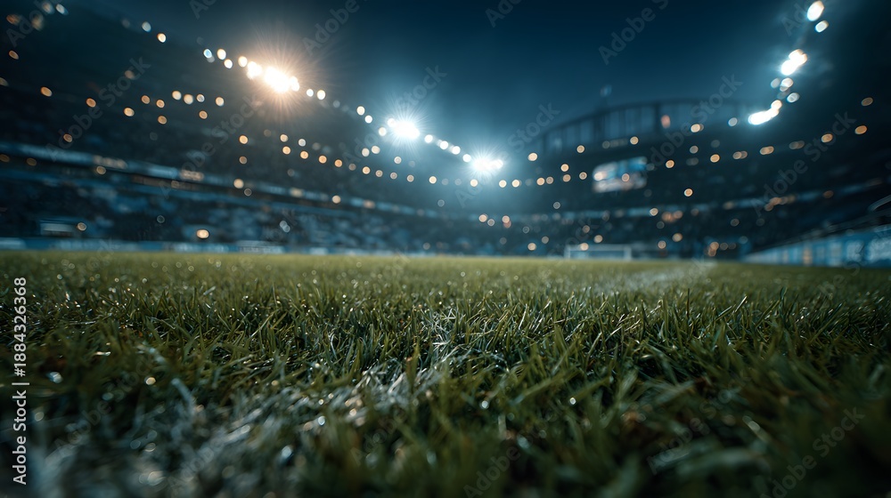 Fototapeta premium Low angle view from grass of a sports stadium at night, with bright floodlights illuminating the green field, creating atmospheric lens flare.
