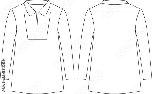 Top with Shoulder Yoke and Collar front and back view flat sketch technical drawing