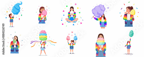 A collection of illustrations showing a joyful young woman in a rainbow cardigan happily interacting with colorful cotton candy treats in various poses.