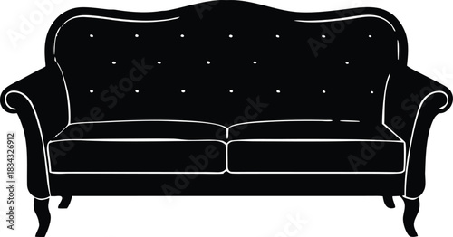 Vintage Tufted Sofa Vector Silhouette, Classic Upholstered Couch Icon, Elegant Settee Furniture Illustration