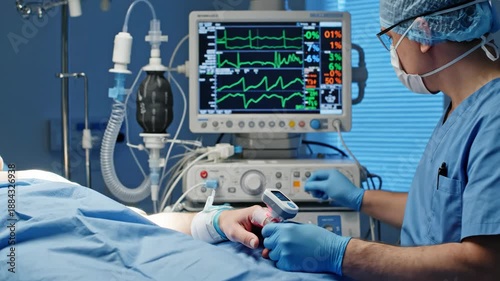Doctor monitors a patient's vital signs in an operating room. Anesthesiologist checking a pulse oximeter with an EKG screen in the background. Healthcare and medical technology concept