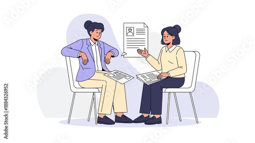 Job Interview Meeting: Two Women Discussing Resumes in a Modern Office Setting