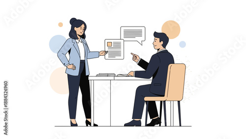 Job Interview Meeting: Woman Offers Resume to Man at Desk